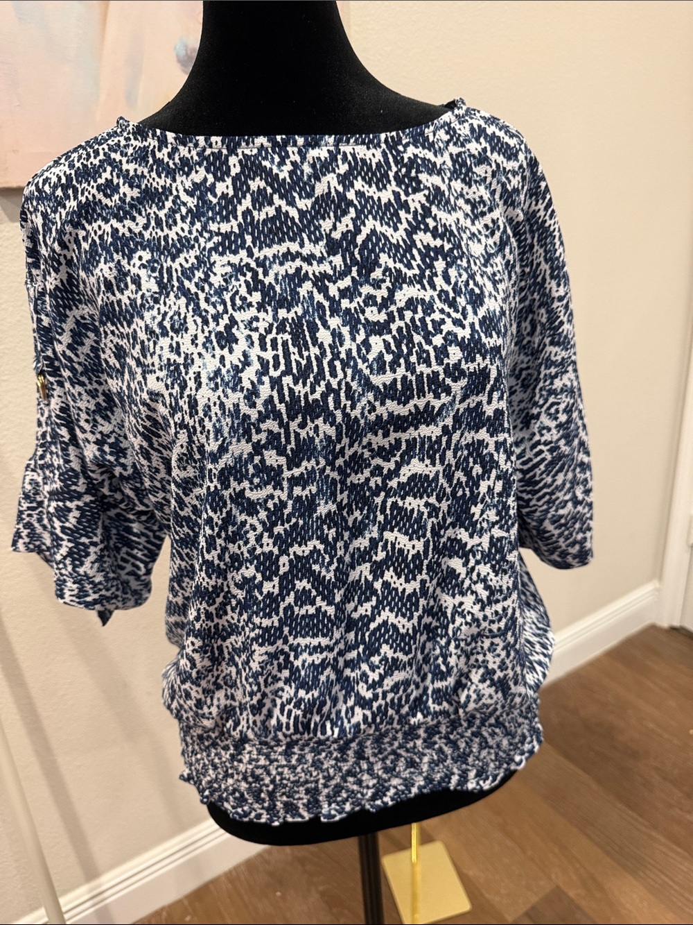 Michael Kors Navy and White Printed Boatneck Pullover